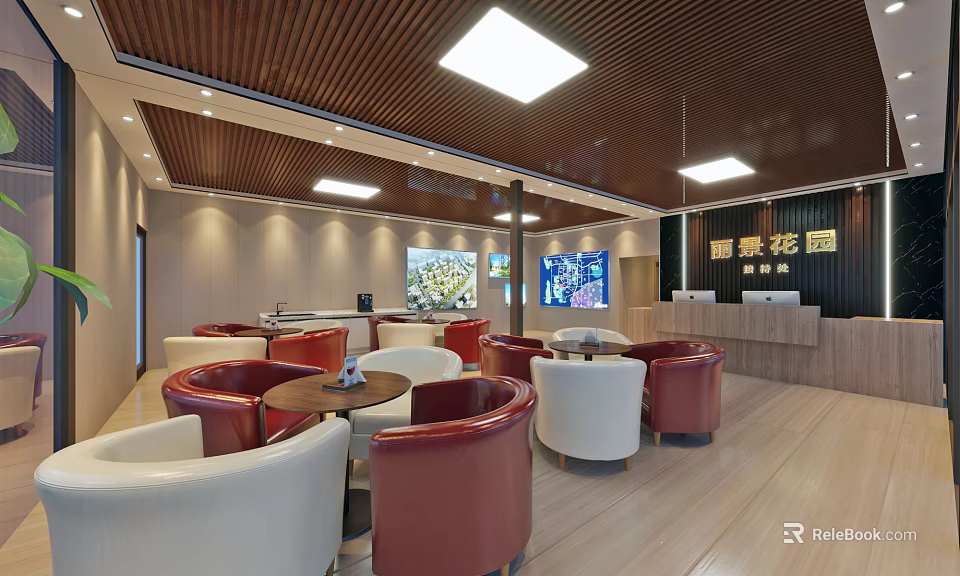 Modern Property Sales Office Interior With Red White Sofas Round Tables And Wooden Ceiling 3d model 