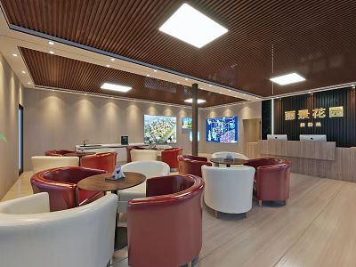 Modern Property Sales Office Interior With Red White Sofas Round Tables And Wooden Ceiling 3d model