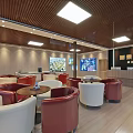 Modern Property Sales Office Interior With Red White Sofas Round Tables And Wooden Ceiling