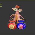 Colorful Flower Plant With Red Blossom Green Leaves And Two Jars With Fu Characters