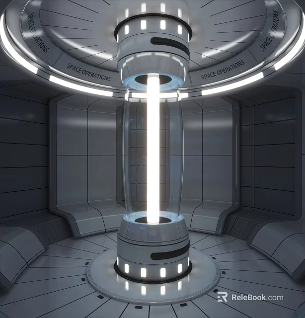Cartoon Style Space Capsule Interior With Metal Walls Glowing Column And Round Console 3d model 