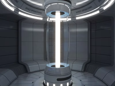 Cartoon Style Space Capsule Interior With Metal Walls Glowing Column And Round Console 3d model