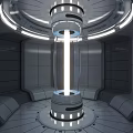 Cartoon Style Space Capsule Interior With Metal Walls Glowing Column And Round Console
