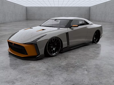 Sporty Gray And Orange Nissan GT-R Coupe With Widebody Design And Large Alloy Wheels 3d model
