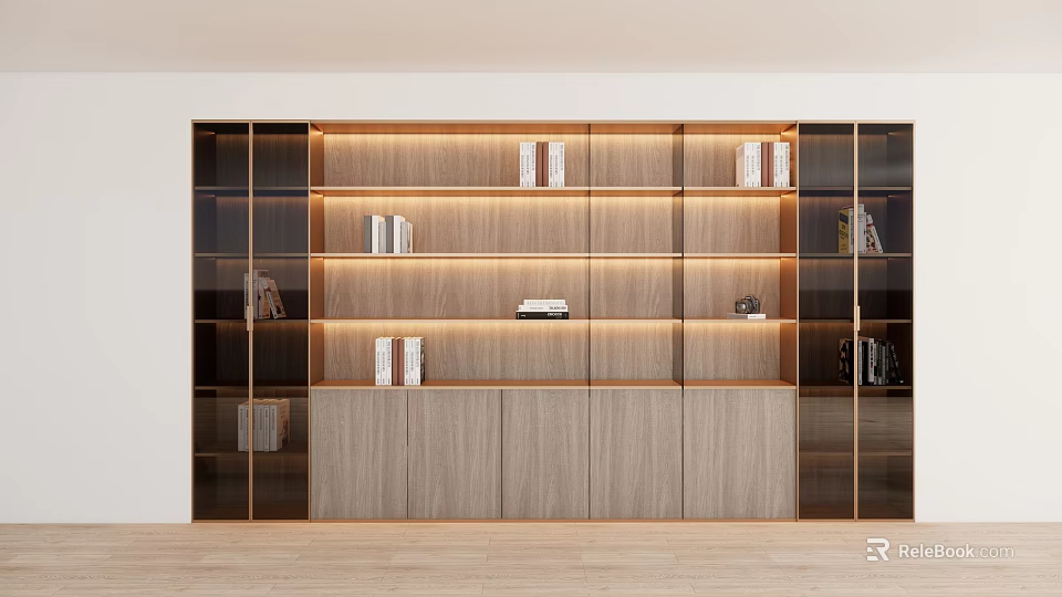 Modern Wooden Bookcase With Glass Doors And Integrated Lighting Shelves Books Decorative Items 3d model 