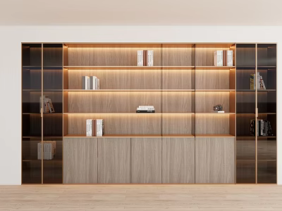 Modern Wooden Bookcase With Glass Doors And Integrated Lighting Shelves Books Decorative Items 3d model