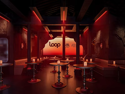 Stylish Loop Bar Interior With Red Neon Lights Dark Ambiance And Candles On Tables 3d model