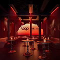 Stylish Loop Bar Interior With Red Neon Lights Dark Ambiance And Candles On Tables