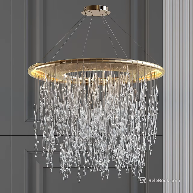 Modern Elegant Chandelier with Golden Frame and Transparent Crystal Pendants Stunning Lighting in Interior 3d model 