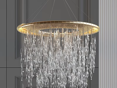 Modern Elegant Chandelier with Golden Frame and Transparent Crystal Pendants Stunning Lighting in Interior 3d model