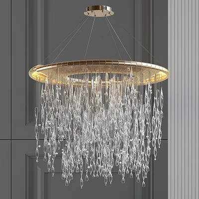 Modern Elegant Chandelier with Golden Frame and Transparent Crystal Pendants Stunning Lighting in Interior 3d model