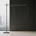 Black Metal Floor Lamp With Long Linear Light By Dark Wooden Wall City View