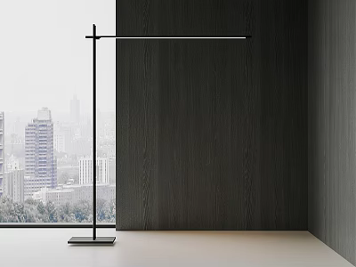 Black Metal Floor Lamp With Long Linear Light By Dark Wooden Wall City View 3d model