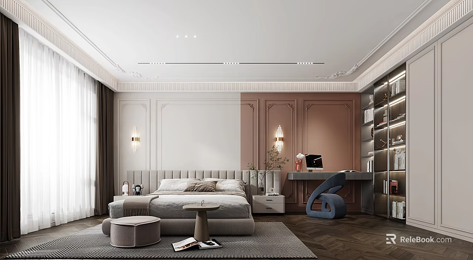 Elegant Modern Bedroom Interior Design With Upholstered Bed Desk Blue Chair Bookshelf And Area Rug 3d model 