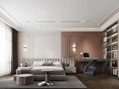 Elegant Modern Bedroom Interior Design With Upholstered Bed Desk Blue Chair Bookshelf And Area Rug 3d model