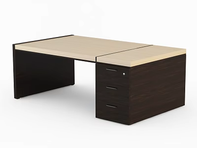 Modern Office Desk With Light Wood Top And Dark Wood Drawer Cabinet 3d model