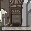 Chinese Style Hotel Lobby Featuring Wooden Beams Intricate Carvings And Circular Decorative Panel