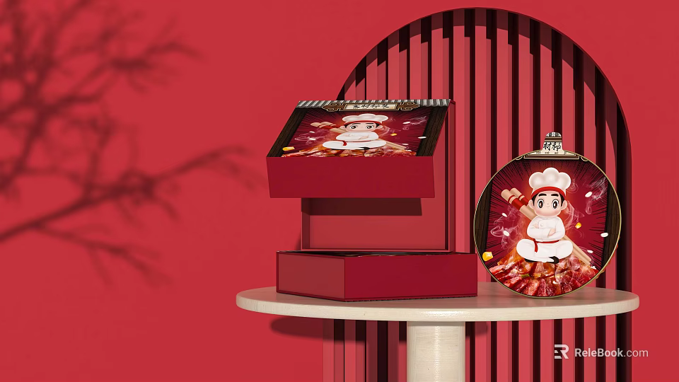 Stacked Red Decorative Boxes And Chef Themed Plate On White Table 3d model