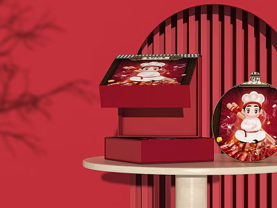 Stacked Red Decorative Boxes And Chef Themed Plate On White Table 3d model