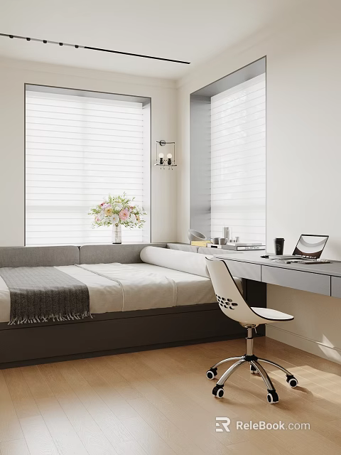 Tatami Bedroom Interior Design With Tatami Bed Desk Laptop Flower Vase And Window Blinds 3d model 