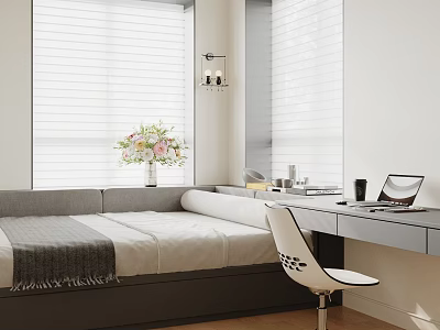 Tatami Bedroom Interior Design With Tatami Bed Desk Laptop Flower Vase And Window Blinds 3d model