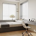 Tatami Bedroom Interior Design With Tatami Bed Desk Laptop Flower Vase And Window Blinds
