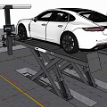 White Car Being Serviced On Hydraulic Lift In Auto Repair Garage