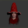Game Movie Character With Red Pointed Wizard Hat Long Red Hair And Green Eyes