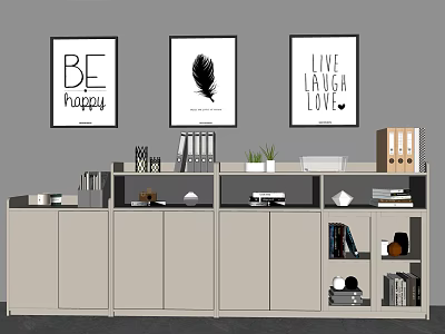 Modern Bookcase with Books Folders Decorations and Potted Plants Under Inspirational Wall Art 3d model