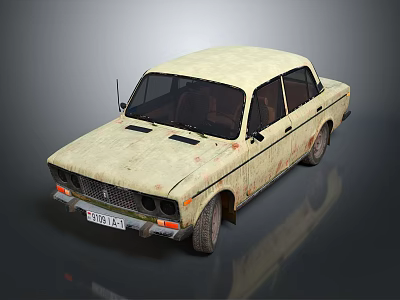 Vintage Beige Car With Worn Exterior Scratches Stains And Old Tires 3d model