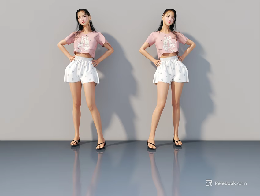 Two Women Posing In Pink Tops And White Shorts On Gray Background With Reflections 3d model 