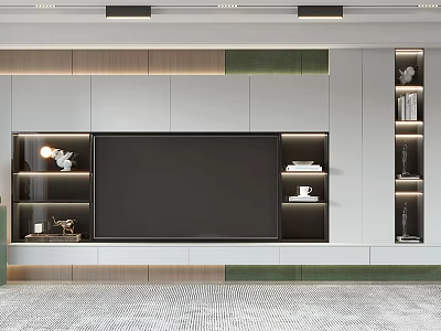 Elegant Modern TV Wall Interior Design With Built in Shelves And Green Accent Lighting 3d model