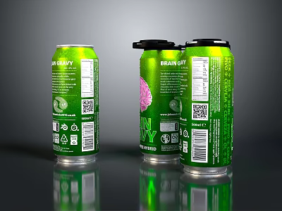 Green Beverage Cans With Brain Gray Label QR Code And Black Lids 3d model