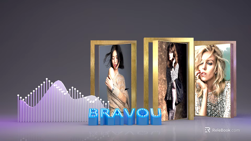 Golden Framed Women Photos With Blue BRAVO Letters And Purple Wavy Lines 3d model 