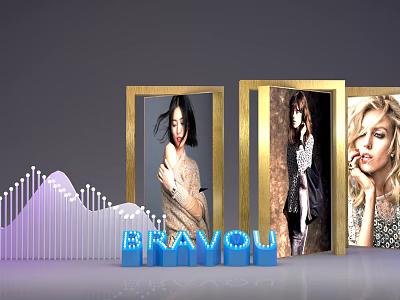 Golden Framed Women Photos With Blue BRAVO Letters And Purple Wavy Lines 3d model