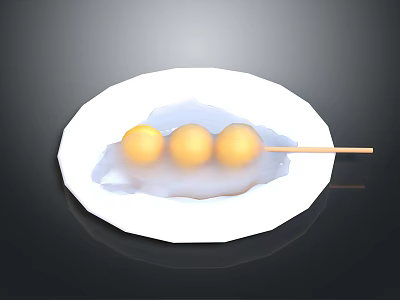 Three Yellow Balls Skewered On Bamboo Stick Served On White Plate With White Sauce 3d model