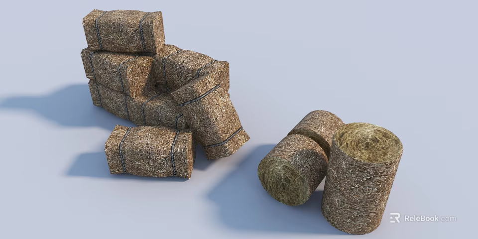 Natural Hay Bales For Garden Decoration With Square And Cylindrical Shapes 3d model 