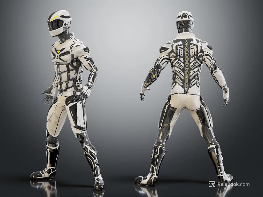 Game Movie Character In Futuristic Sci Fi Armor Front Back Views White Black Metallic Patterns 3d model 