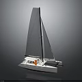 Modern Catamaran Sailboat with Black Sail and White Hull on Water