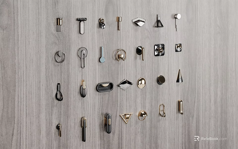 Various Metal Cabinet Handles in Different Designs Displayed on Wooden Panel 3d model 