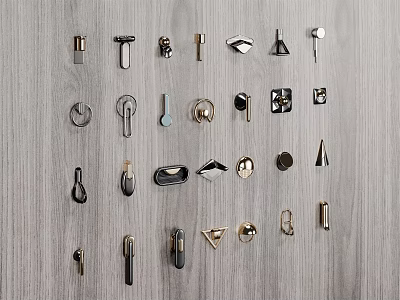 Various Metal Cabinet Handles in Different Designs Displayed on Wooden Panel 3d model