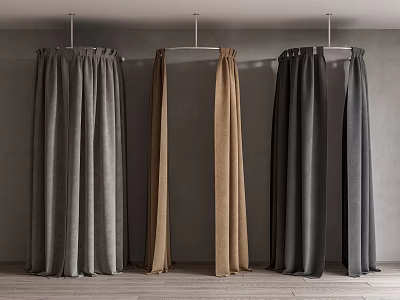 Modern Fabric Curtains in Neutral Tones Hanging on Rods in Minimalist Room 3d model