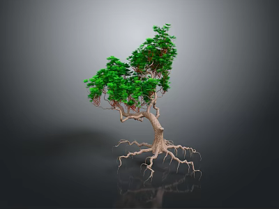 Unique Tree Plant With Exposed Roots Twisted Trunk Green Leaves And Small Red Berries 3d model