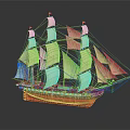 Vintage Sailing Ship Model With Red Hull And White Sails On Dark Background