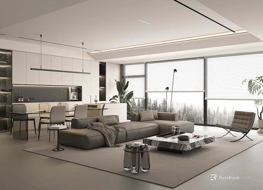 Modern Living and Dining Room Interior With Open Concept Sofa Dining Table And Large Windows 3d model 
