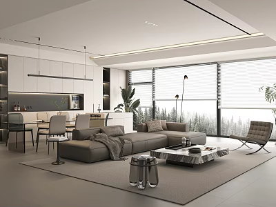 Modern Living and Dining Room Interior With Open Concept Sofa Dining Table And Large Windows 3d model