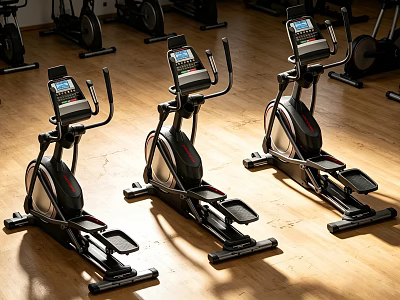Three Elliptical Fitness Machines With Digital Screens On Wooden Gym Floor 3d model