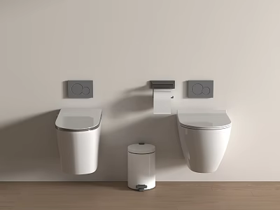 Modern Wall Mounted Toilets With Toilet Paper Holder And Trash Can 3d model