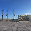 Open Ground With Grid Patterned Floor Electric Poles And White Equipment Room Containing Electrical Devices