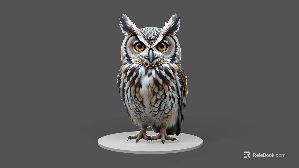 Realistic Flight Animal Owl With Yellow Eyes Patterned Feathers Tufted Ears On White Base 3d model 